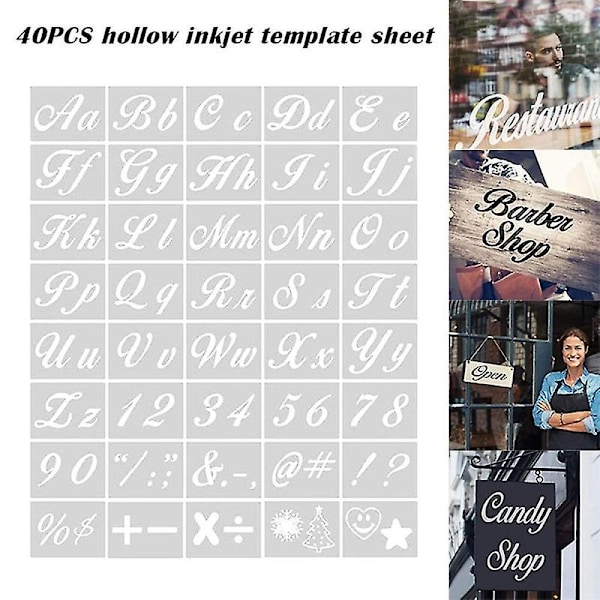 40 kpl uudelleenkäytettäviä muovisia taide- ja askartelukirjaimien sabluunoita kalligrafisella fontilla, isoilla ja pienillä kirjaimilla