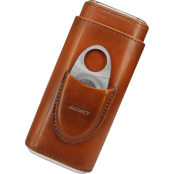 Premium 3-fingers Humidor i brunt läder, foder av cederträ, silverfärgad rostfri stålskärare