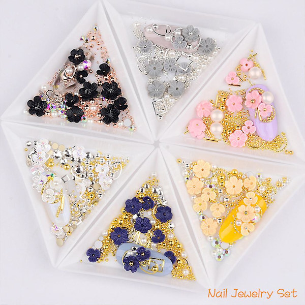 3D nagelkonsttillbehör blandade blommor skal strass | Fem kronblad blomma stålkula nit | DIY nageldekoration prydnad