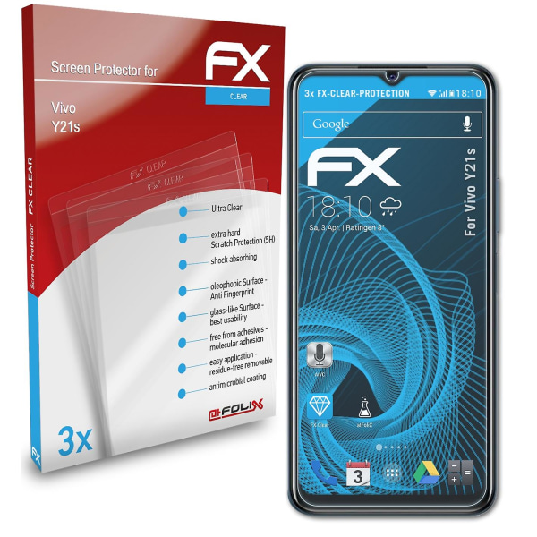 atFoliX 3x Schutzfolie Compatibel Vivo Y21s Displayschutzfolie klar
