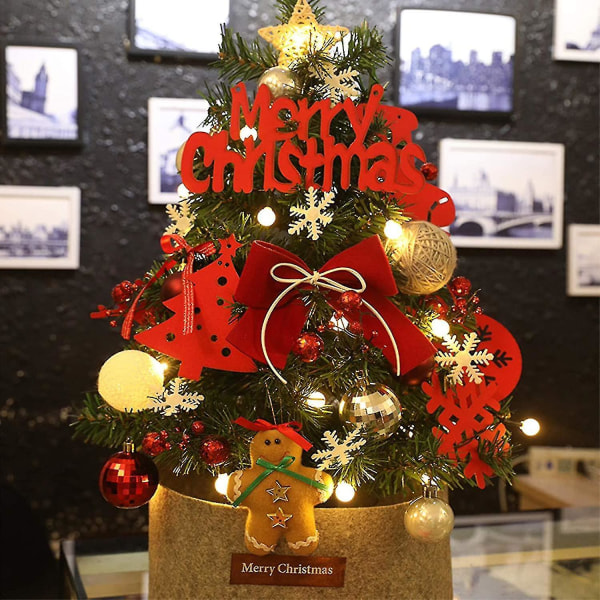 Dekorativt træ, kunstigt bord juletræ med led ornamenter med fod, oplyst juletræ