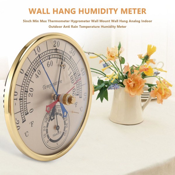 5 tum Min Max Termometer Hygrometer Väggmonterad Vägghängning Analog Inomhus Utomhus Anti Regn Temperatu