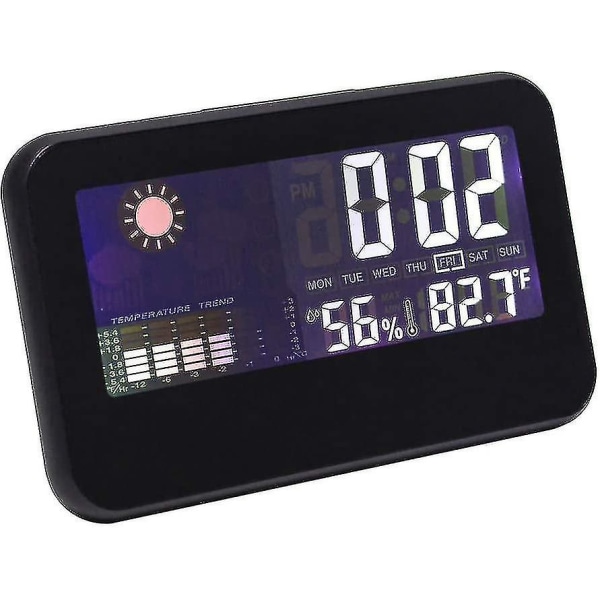 Innendørs temperaturfuktighetsmåler - multifunksjons skrivebordsklokke, kalender, værstasjon med stor LCD-skjerm