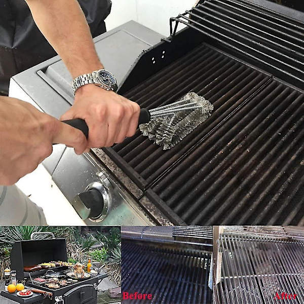 Grillbørste 45 cm, 3-i-1 grillrengjøring, 100 % rustfrie stålbørster og spiraltråd