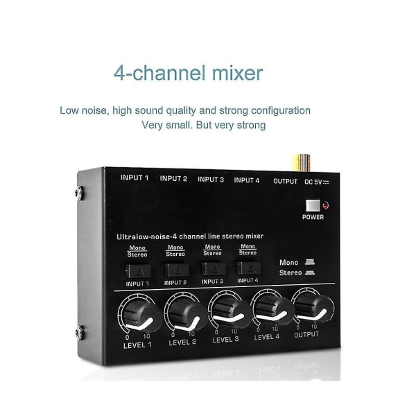 Mini Stereo Mixer Max400 Ultralow Noise 4 Kanals Mixers Blandningskonsol Dc5v För Elgitarr D