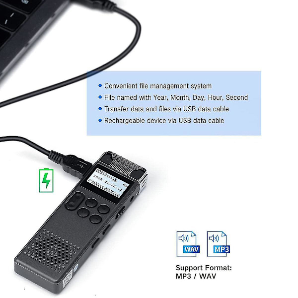 16 GB digital diktafon for lydopptak, MP3-spiller med støyreduksjon