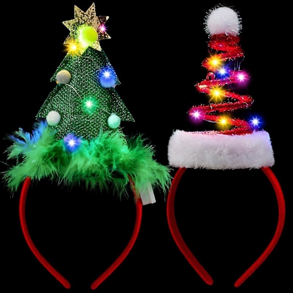 2-pakks julehodebånd med LED-lys, nisselue og juletre for julefester