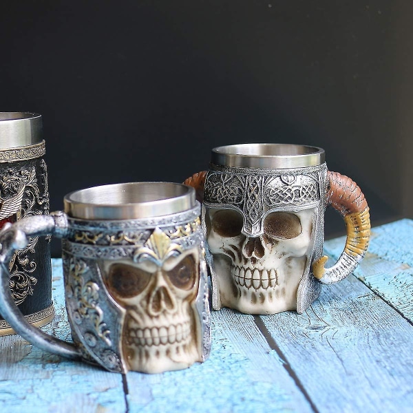 13 oz Skull Kaffekrus Viking Skull Ølkrus Rustfritt stål Fôrgave Farsdagsgave til menn Halloween-gave (1 stk)