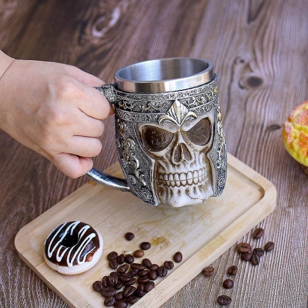 13 oz Skull Kaffekrus Viking Skull Ølkrus Rustfrit Stål Liner Gave Mænds Fars Dag Gave Halloween Gave (1 stk)