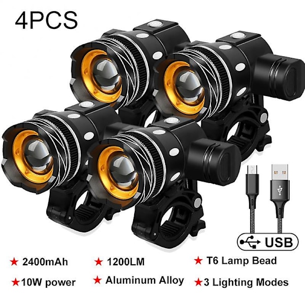 4 kpl Led-pyörävalot Etu 1200 Lumenia Type-C USB Ladattava Lamppu Pyöräily Päävalo
