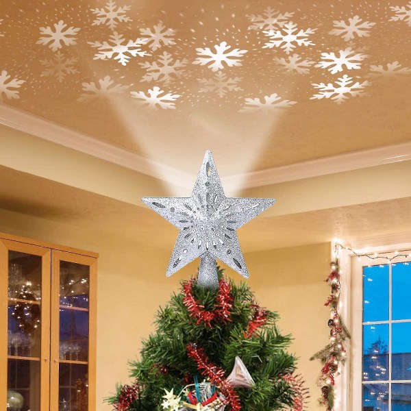 Balabela Christmas Star Tree Topper Projector - Gold Star Tree Topper med roterende LED hvid snefnugprojektion, vinduessnefnuglys, 3d hul