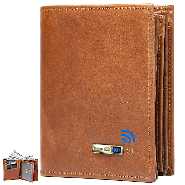 Smart Bluetooth-kompatibel lommebok Anti-tap Genuine Leather Menns Lommebok Kort Brown