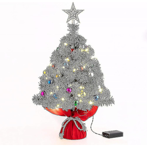 22 tum Mini Julgran för Bordsskiva, Konstgjord Julgran med 30 LED-lampor & 24 st Juldekorationer