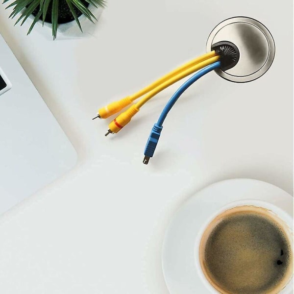 Kabelgennemføring/kabelkanal/gennemføring med børste til skrivebord, bord og bordplade | Sæt med 1 | Design: Krom | Diameter: 60mm | Materiale: Metal,