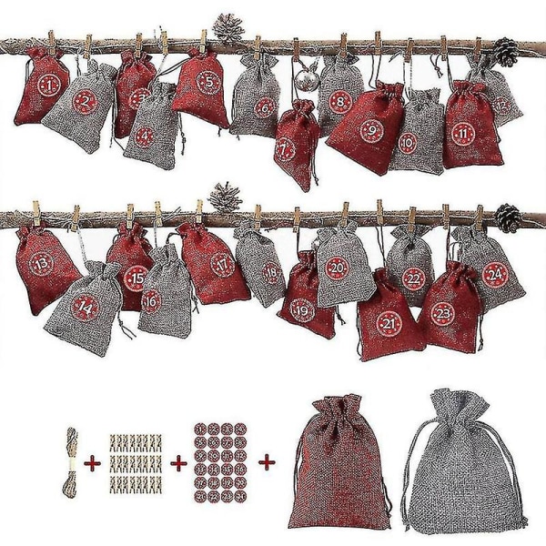 Adventtikalenteri täytettäväksi, 24 huopapussia ja kangaskassia yhteensopiviin joulukoristeisiin