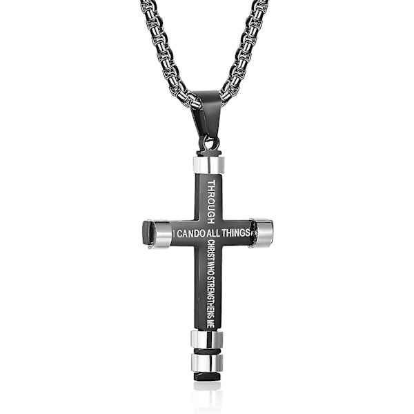 Svart Kors Halsband Kompatibelt Män Graverad Bibelvers Filipperbrevet 4:13 Jag Kan Allt Rostfritt Stål Kedja Smycken Hänge Meningsfull Gåva Co