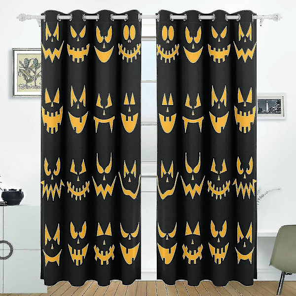 Uhyggelige Halloween Orange Græskar Ansigter Vinduesgardin Mørklægningsgardiner Mørklægningsgardin Til Soveværelse Stue, 2 Panel 130x210 Cm