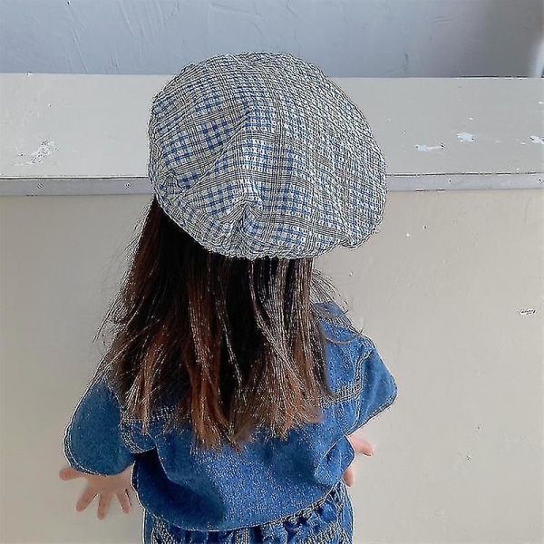 Vintage plaid baret til piger, all-match maler græskar hat Blød pige ottekantet hat, Blue Starlight
