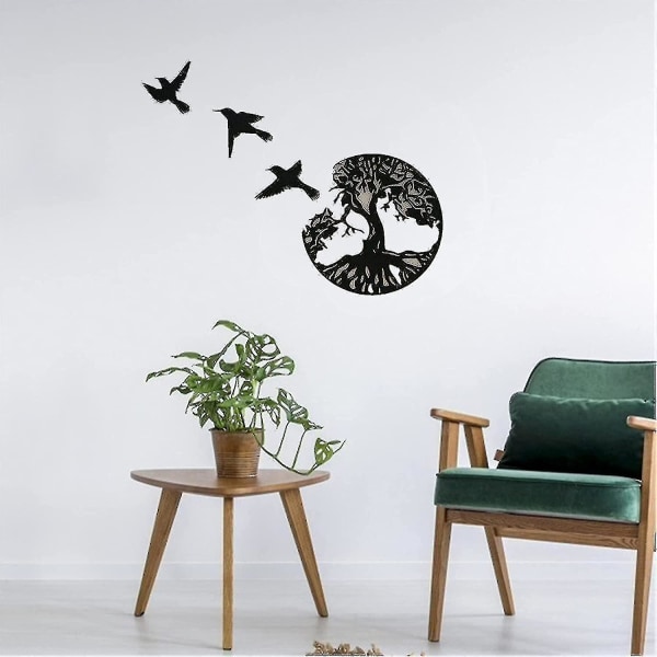Svart Metal Tree Of Life Väggkonst - 3 Flying Birds Väggskulptur - Modern rund väggdekor