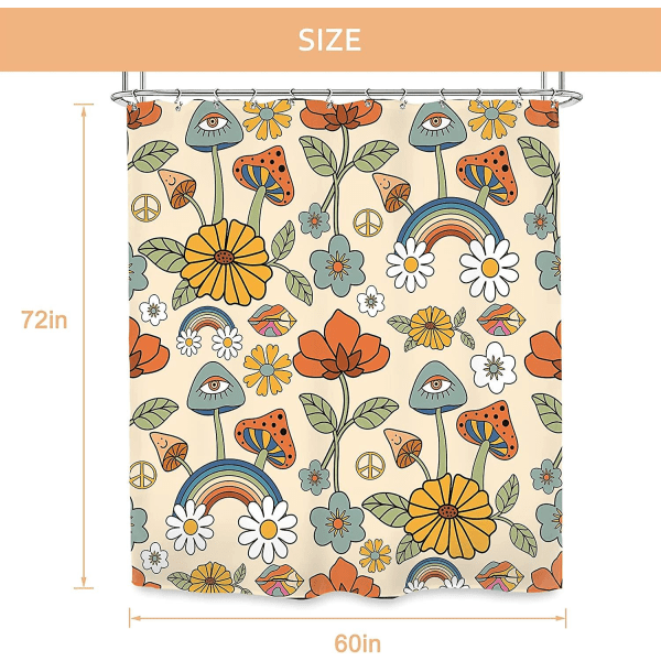 Boho svamp duschdraperi set retro trippy badrumsdekor gul orange blomma blommig rolig söt bohemisk hippie rustik 60wx72l tum badtillbehör