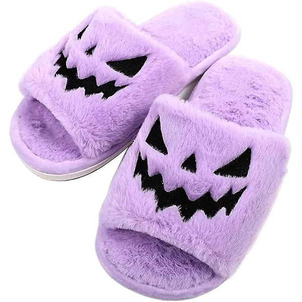 Halloween Spöklika Slides/halloween Pumpa Tofflor Mjuka Plysch Mysiga Öppna Tår Kvinnor Inomhus Utomhus Fuzzy Tofflor Unisex purple eur38