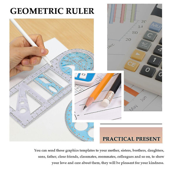 2 st multifunktionella geometriska linjaler i plast, cirkelritningsverktyg, ritmallar, transparent grafik