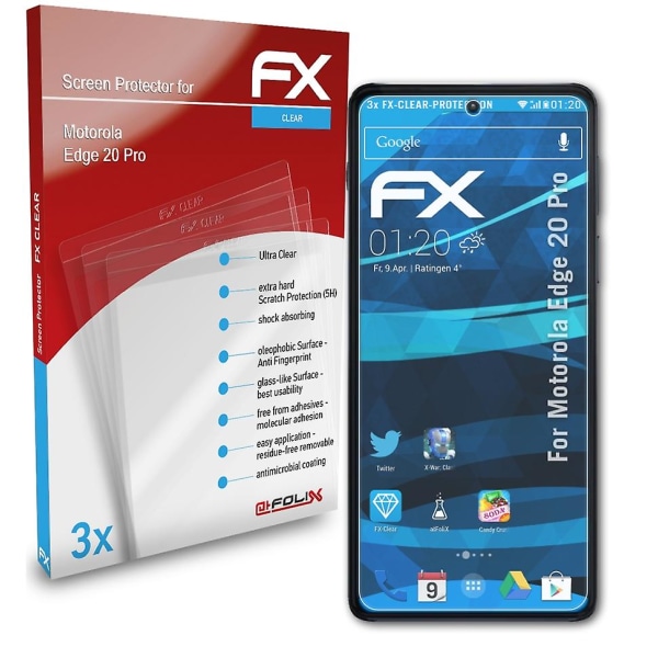 atFoliX 3x Schutzfolie -yhteensopiva Motorola Edge 20 Pro Displayschutzfolie klar -näytönohjaimella