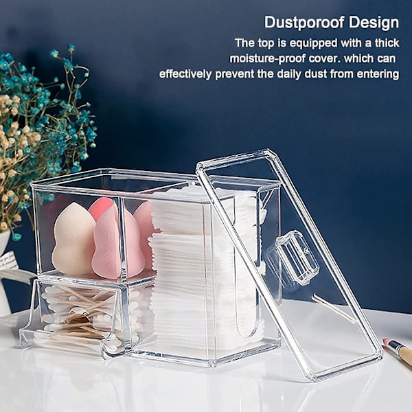 Bomuldsvatpind Dispenser Makeup Opbevaringsboks, Bomuldsboldholder Bomuldspude Vatpindholder Opbevaringsboks Med Låg 3 Rum Opbevaringsboks Beholder Makeup P