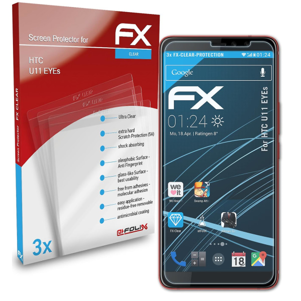 atFoliX 3x skyddsfolie kompatibel med HTC U11 EYEs Displayskyddsfolie klar