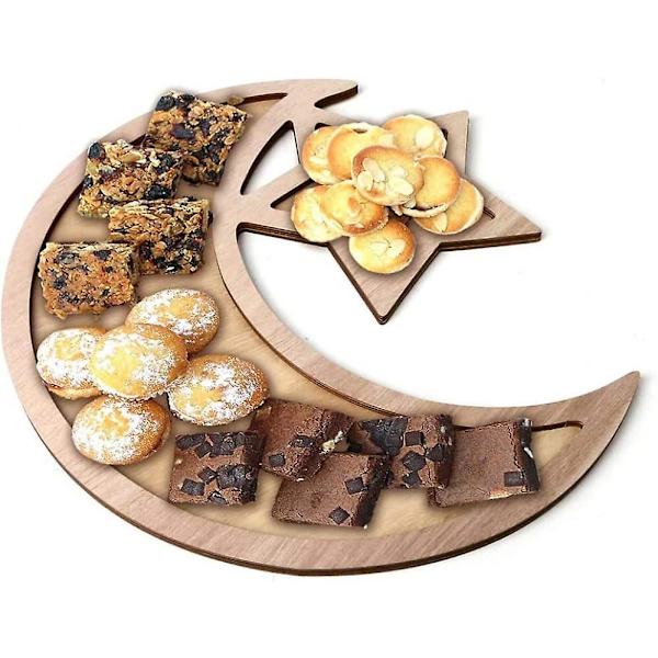 Træ serveringsbakke, Eid Mubarak måne- og stjerneformet fad, dessertfad, snackbakke til hjemmedekor