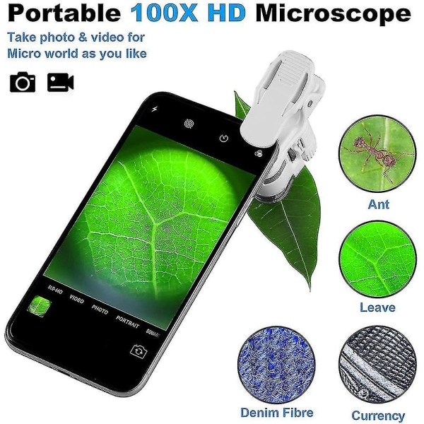100x zoom-clip-on-mikroskop med LED-lys, bærbar forstørrelsesglas Lupplomme med forstørrelsesglas
