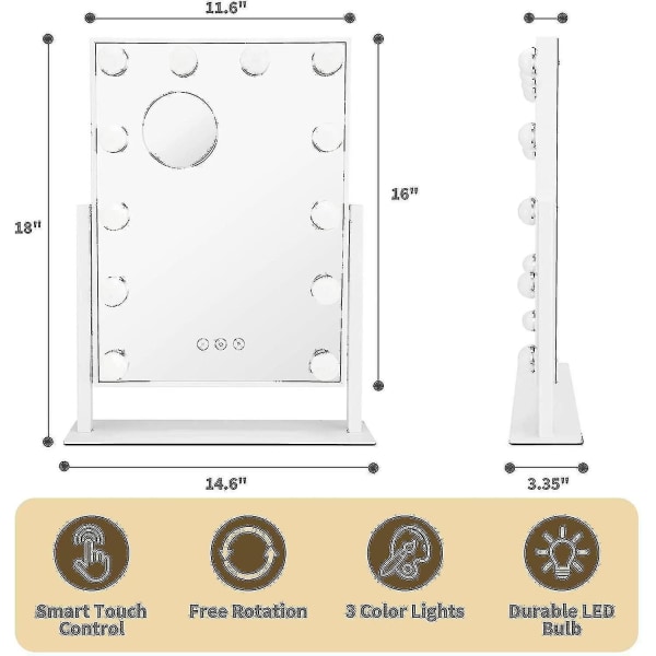 Sminkespeil med lys, sminkespeil med lys, 3 fargebelysningsmoduser Avtakbar 10x forstørrelsesspeil berøringskontroll, 14,6 tommer (hvit)(,)