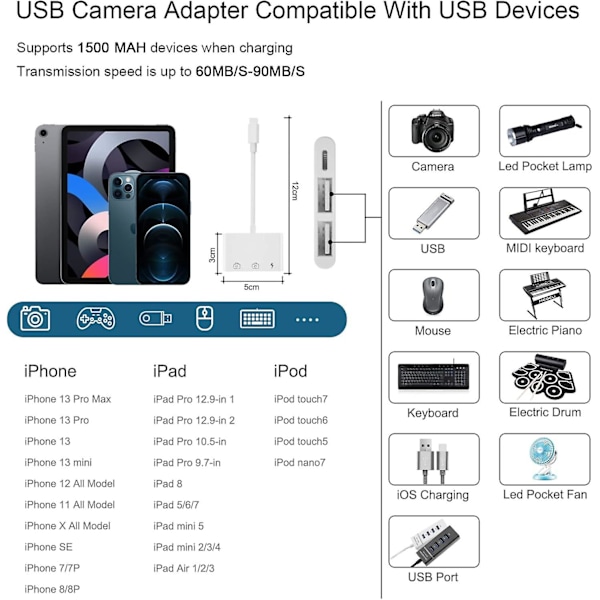 iPhone USB-kamera, 3-in-1 iPhone USB-sovitin, Lightning USB OTG -naarasliitäntä tiedonsiirtoon ja lataukseen