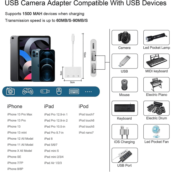 iPhone USB kamera, 3 in 1 iPhone USB -sovitin valaistus USB OTG naarassovitin datasynkronointilatauksella