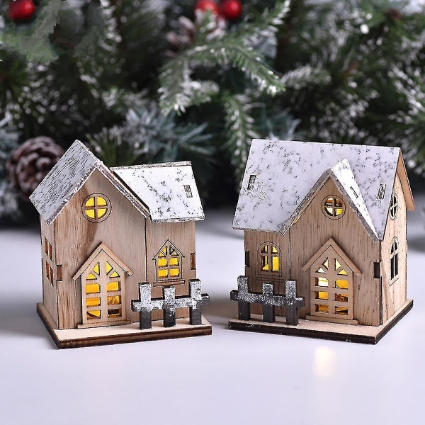 Black Friday 3 stk julehytte, glødende julelandsbyhus, lys opp julehus i tre med led lys Høy kvalitet
