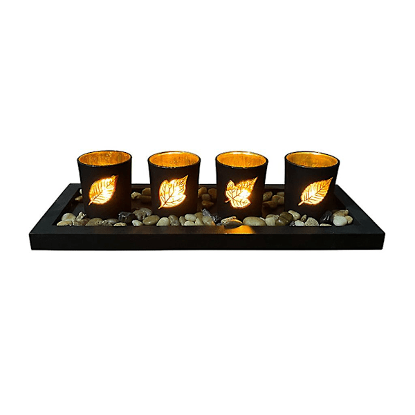 Glass Leaves Candle Holder Ornament Set Include 4 Glass Tumblers Natural Stones And Wooden Tray For Home Bedroom Tabletop Decoration Candlestick