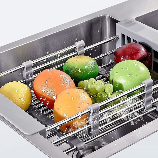 Fliseskopisk afløbskurv i rustfrit stål, vask med justerbar opvaskemaskine Stretch vask Køkken trækvask Organizer til frugter med grøntsager