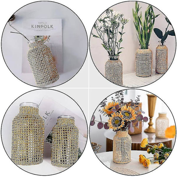 Glasblomvas med rottingöverdrag Blomknoppvas Rund dekorativ blomvas Blombehållare Lantlig blomflaska för blomsterarrangemang Hous