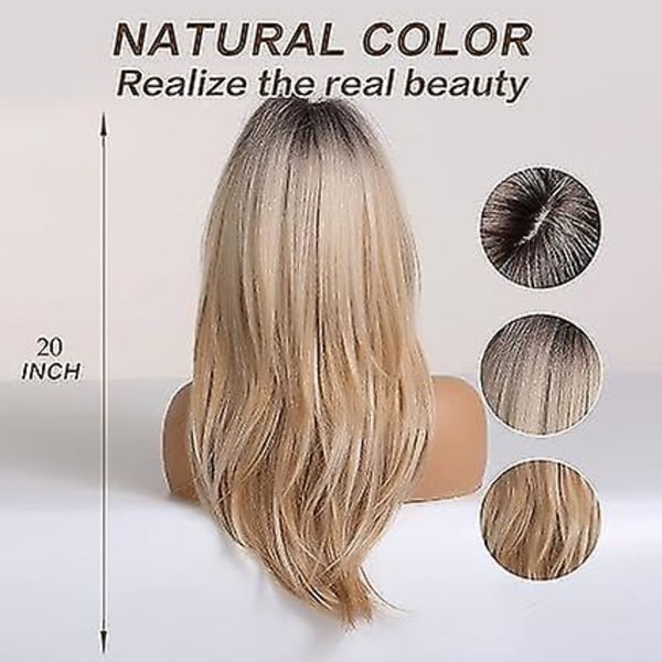 20 tommers ombre blond parykk for kvinner med smell, lang naturlig vertikal, med mørke røtter, varmebestandig