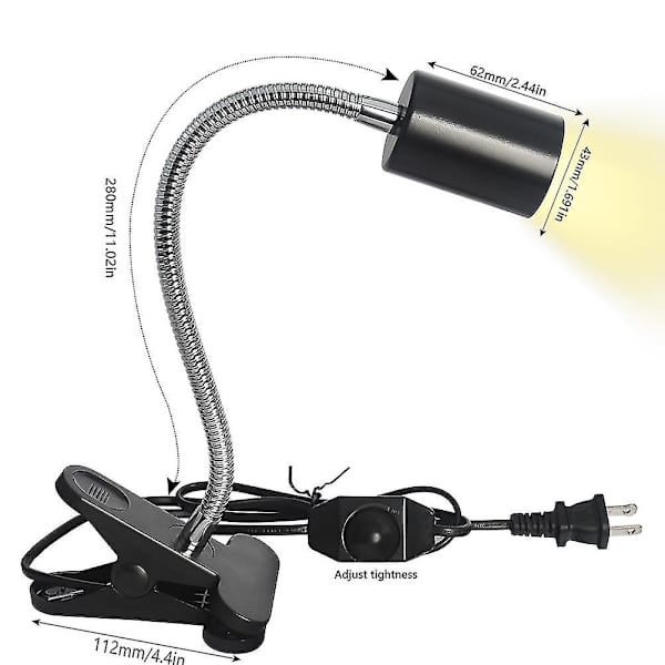 E27 Sokkel med Klemme og Afbryder til Reptillampe, 360° Justerbar med Fleksibel Arm, Klips-på Sokkel til Varmelampe/Akvarium/UVA/UVB til Skildpadde/Amfibie
