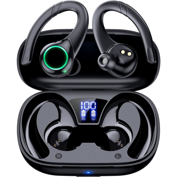 Bluetooth hörlurar Trådlösa hörlurar, hörlurar med öronkrokar, skärm med dubbla led, vattentäta hörsnäckor med mikrofon