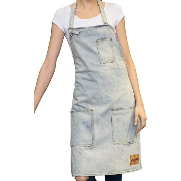 Unisex denimforklæde med lommer til kvinder og mænd, vaskbart forklæde til kunstnere, malere, frisører, bagere, tømrere, hvid