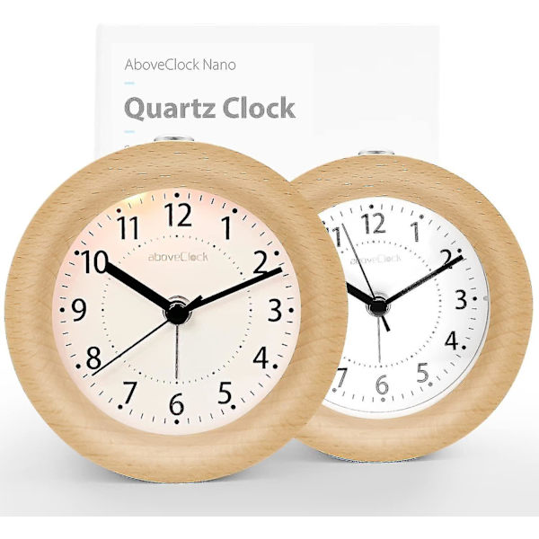 Analog väckarklocka utan tickande, 2 st, Aboveclock väckarklocka i trä med snooze, nattduksbordsklocka med nattlampa, batteridriven 1*AA-batteri behövs - Nich