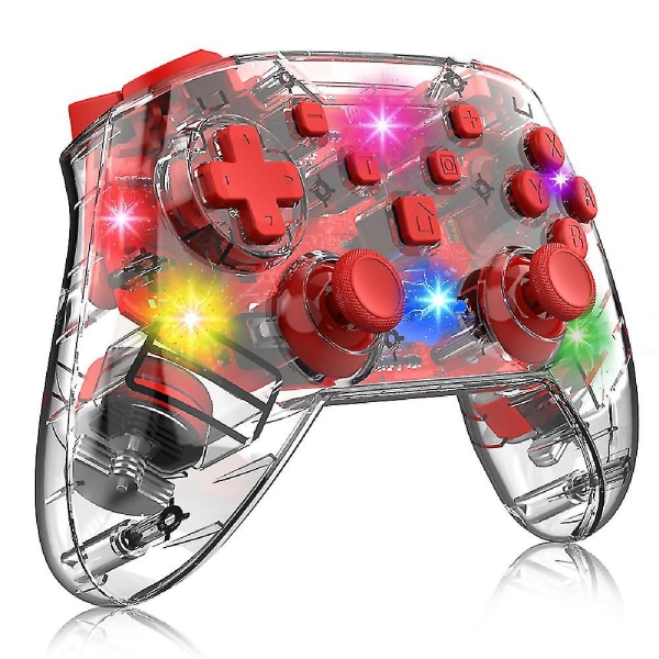 Spelkontroll för PC/switch/tesla modell 3/y/x/s, transparent LED-bakgrundsbelysning, stöder dubbla motorer och dubbla vibrationsfunktioner (transparent röd)