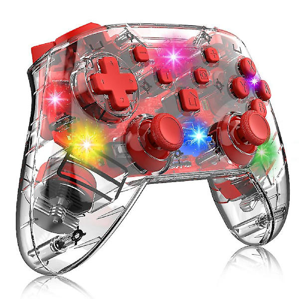 Spillkontroller for PC/Switch/Tesla Model 3/y/x/s, gjennomsiktig LED-bakgrunnsbelysning, støtter dobbel motor og dobbel vibrasjonsfunksjon (gjennomsiktig rød)