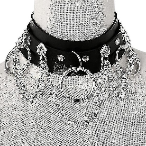 PU Läder Choker Metall Ring Kedja Halsband Krage Nitar Goth Bälte
