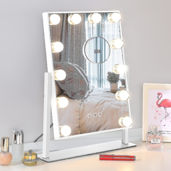 Sminkspegel med lampor, sminkspegel med lampor, 3 färgljuslägen Avtagbar 10x förstoring Spegel Touch Control, 14,6 tum (vit)(,)