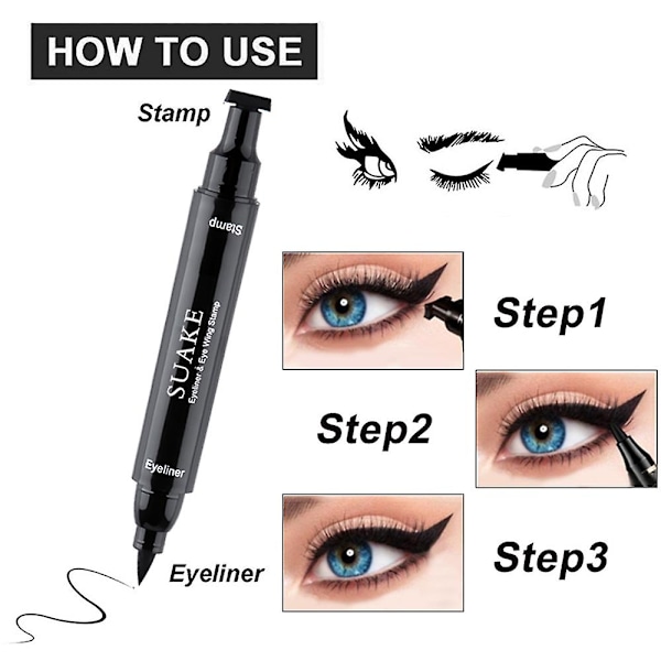 2 stk Svart Vinget Eyeliner Stempel Øyeliner Blyant Flytende Penn, vamp, kattøye