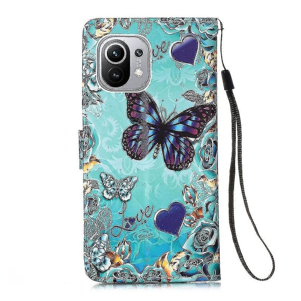 Kompatibel med Xiaomi Mi 11 etui Læder Flip tegnebogscover med kortpladsholder Kickstand mønster - Heart Butterfly