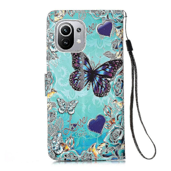 Kompatibel med Xiaomi Mi 11 Etui Læder Flip Wallet Cover med Kortlomme Holder Kickstand Mønster - Hjerte Sommerfugl
